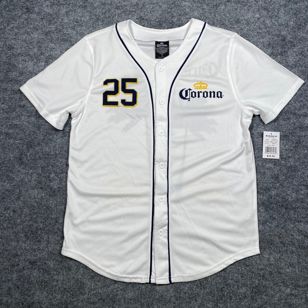 Corona Extra Baseball‎ Jersey Mens Small White Palm Tree La Vida Mas Fina NEW